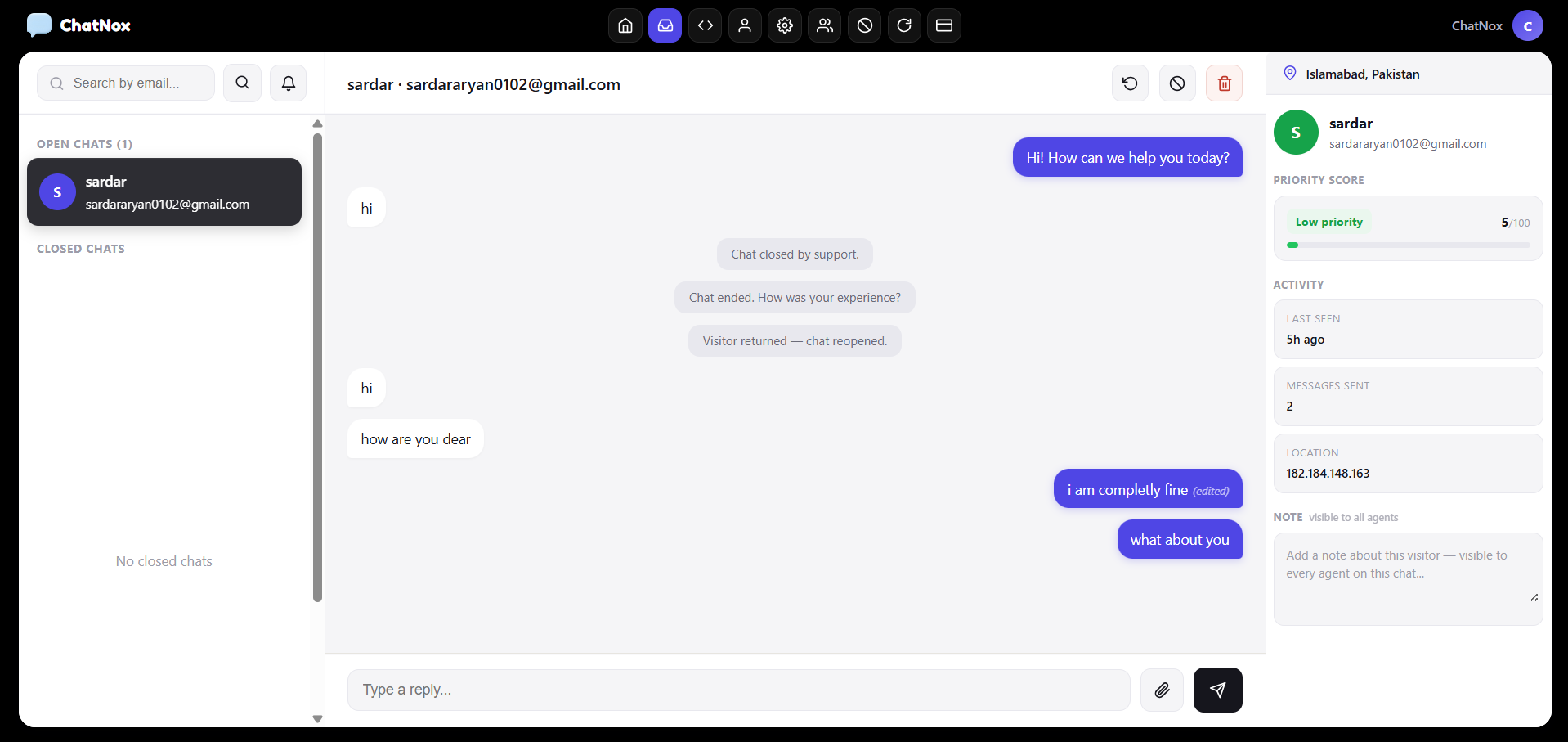 ChatNox dashboard showing live conversations